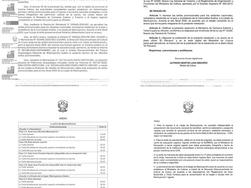 Promotional rates for foreign national visitors residing in the country and Citizens of the Andean Community 2026