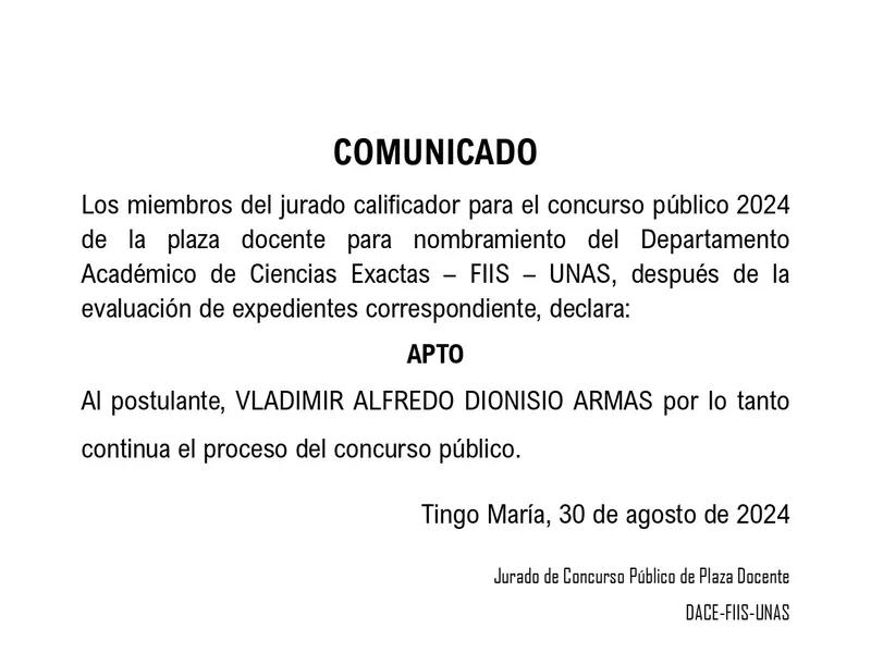 DECLARAÇÃO: CONCURSO PÚBLICO 2024 DA PRAÇA DE ENSINO PARA NOMEAÇÃO DO DEPARTAMENTO ACADÊMICO DE CIÊNCIAS EXATAS FIIS - UNAS