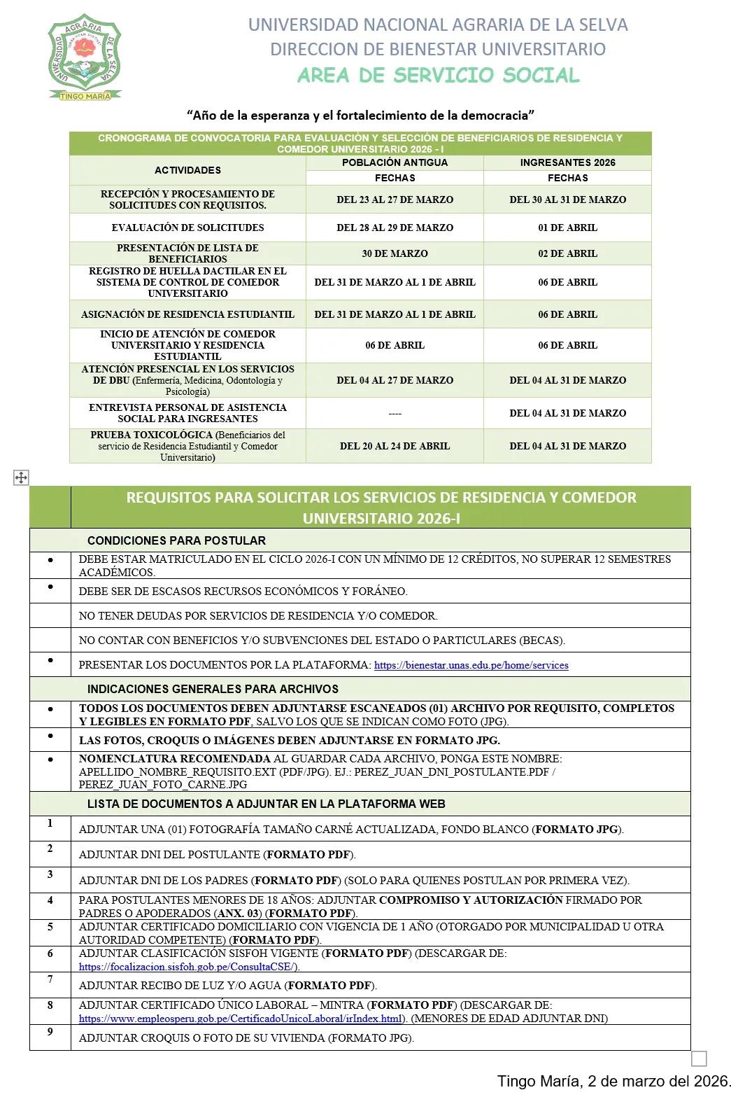 Cronograma de Chamada para Avaliação e Seleção de Beneficiários de Residência e Refeição Universitária Semestre 2026-I
