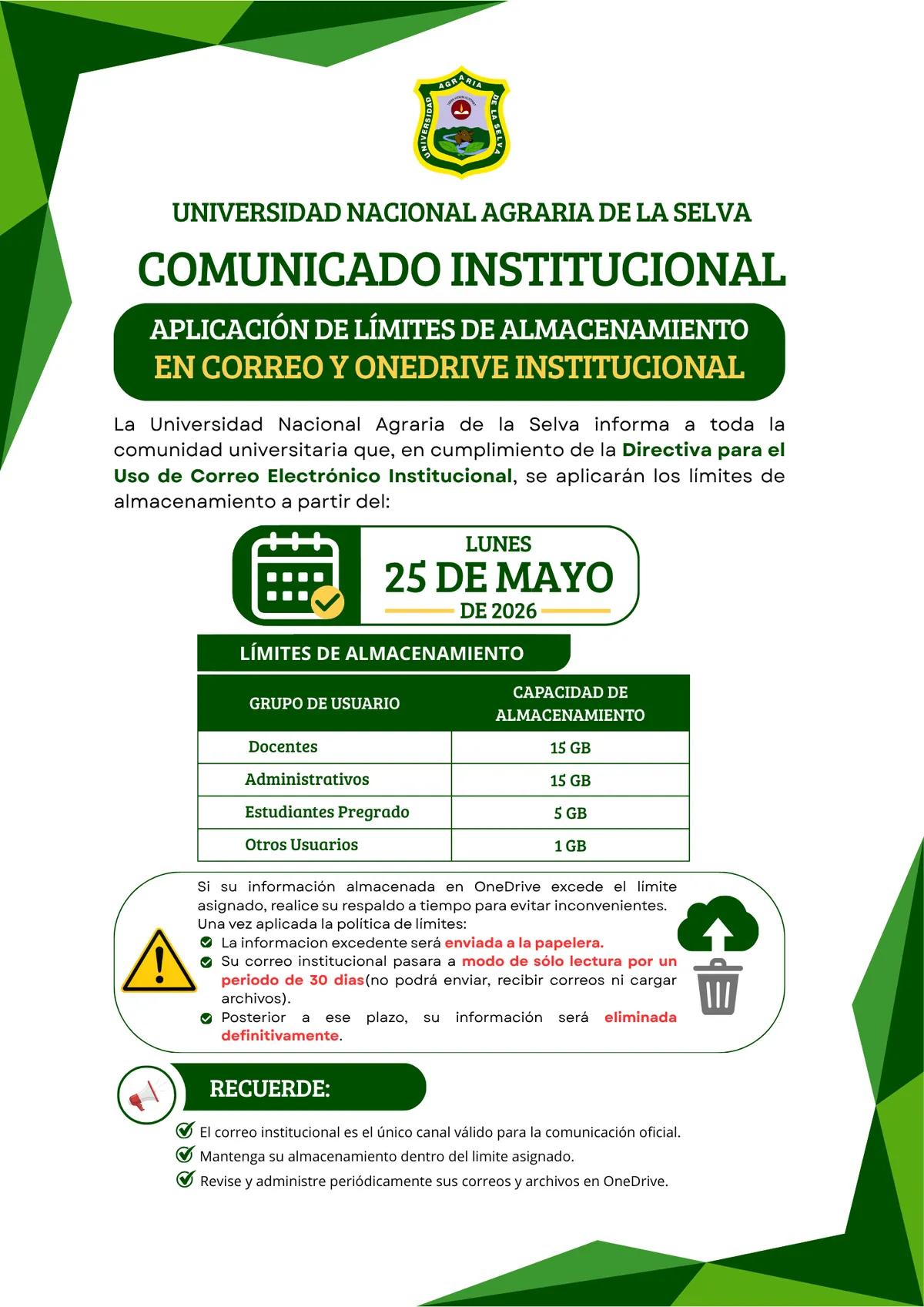 COMUNICADO INSTITUCIONAL: Aplicación de límites de almacenamiento en correo institucional y OneDrive