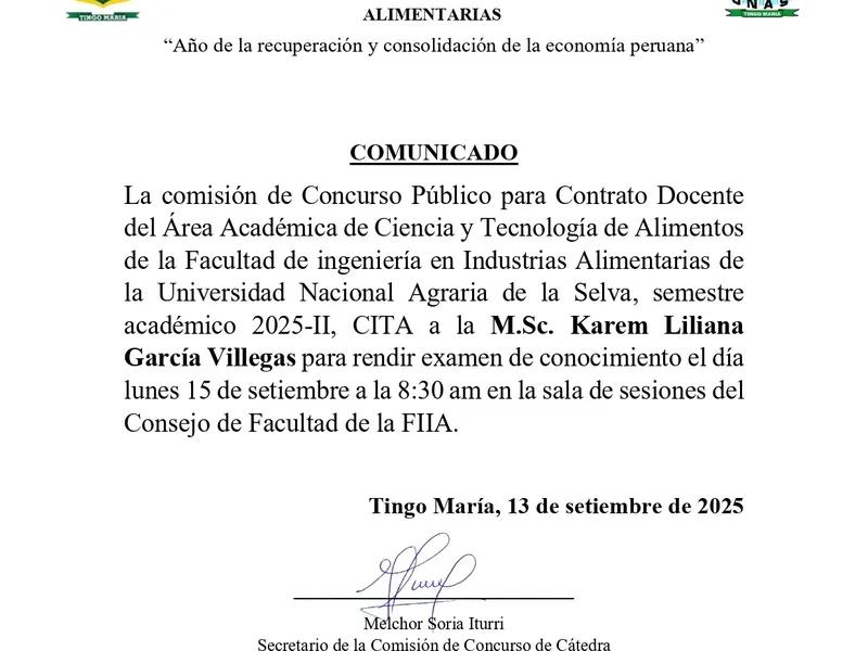 Comunicado - Contrato Docente del Área Académica de Ciencia y Tecnología de Alimentos de la Facultad de ingeniería en Industrias Alimentarias