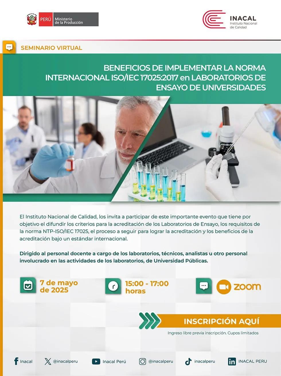 Seminário Virtual: “BENEFÍCIOS DA IMPLEMENTAÇÃO DA NORMA INTERNACIONAL ISO/IEC 17025:2017 em LABORATÓRIOS DE ENSAIOS UNIVERSITÁRIOS.”